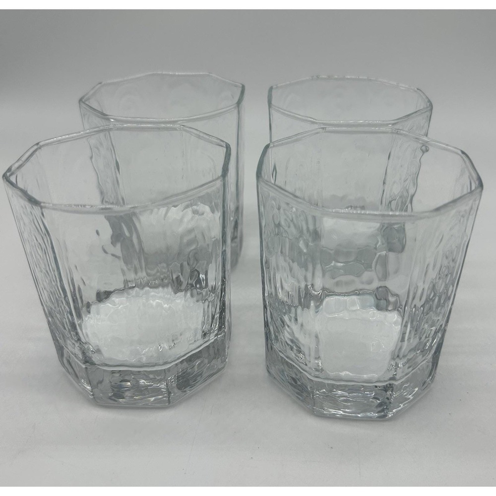 Vtg Double Old Fashioned Whiskey Glasses Bark Texture Set Of 4 Octagonal Rocks